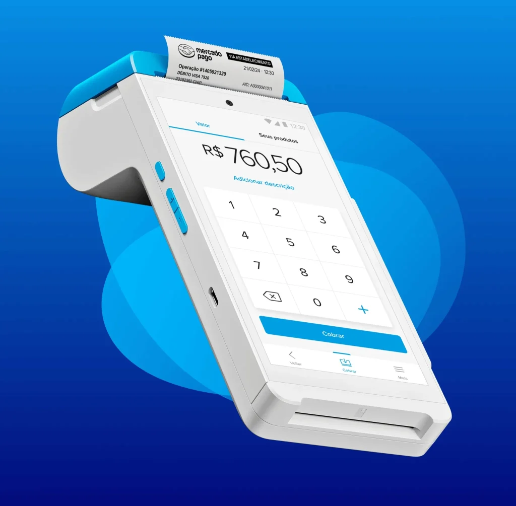 Maquininha Mercado Pago Point Smart 2 com tela mostrando valor de pagamento e impressão de comprovante.