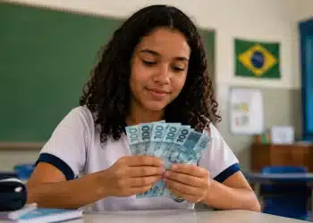 Estudante segurando notas de real em sala de aula, representando os pagamentos do programa Pé-de-Meia em agosto