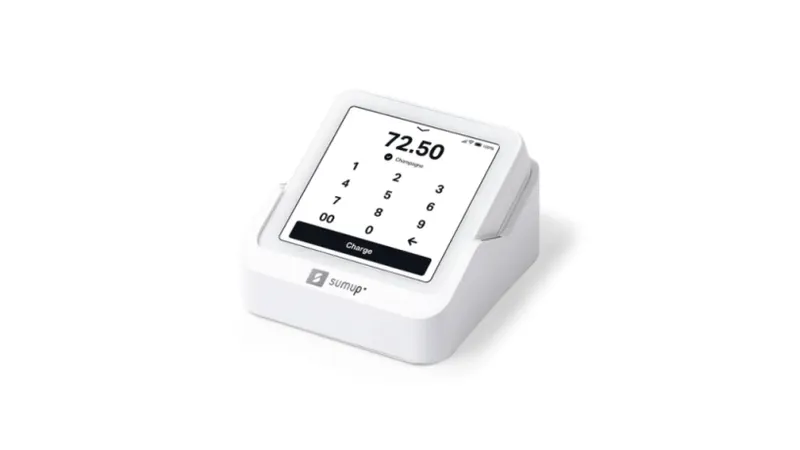 Maquininha SumUp Solo com tela exibindo teclado para digitação do valor do pagamento.