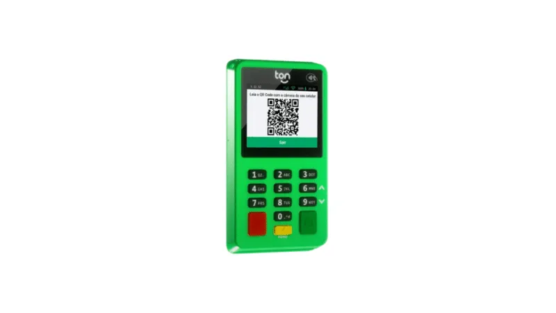 Maquininha T2 – Plano Ton Pro na cor verde com tela exibindo QR Code para pagamento.