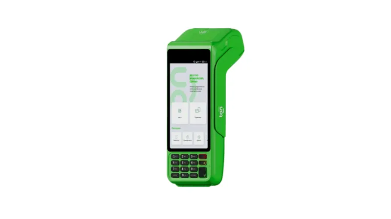 Maquininha T3 – Plano Ton Pro na cor verde com tela digital exibindo opções de pagamento.