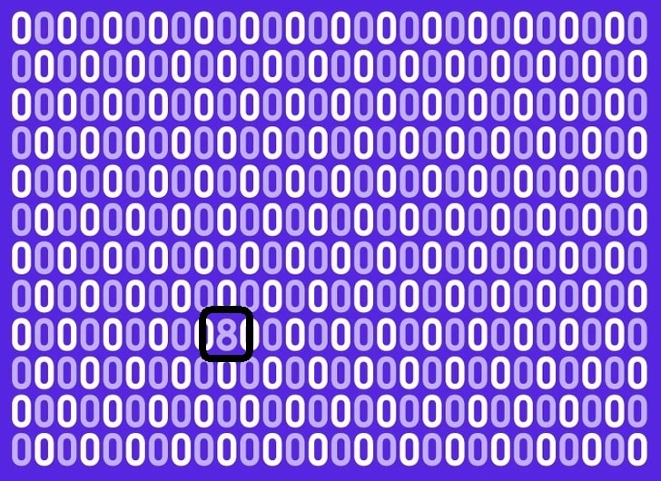 Teste de QI imagem com vários zeros e um único número 8 escondido entre eles, fundo roxo