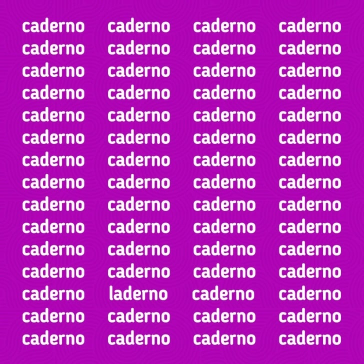 Teste de QI com a palavras "caderno" repetidas em linhas sobre fundo roxo.