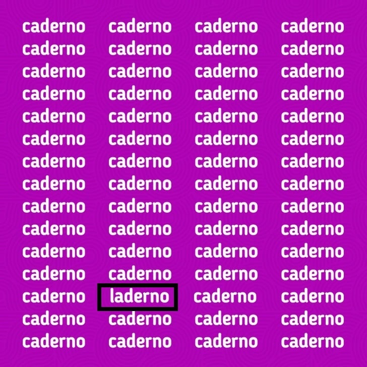 Teste de QI com a palavras "caderno" repetidas em linhas sobre fundo roxo.