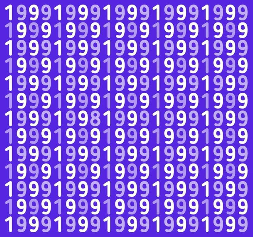 Teste de QI com vários números 1991 em roxo e branco, com um número diferente escondido.