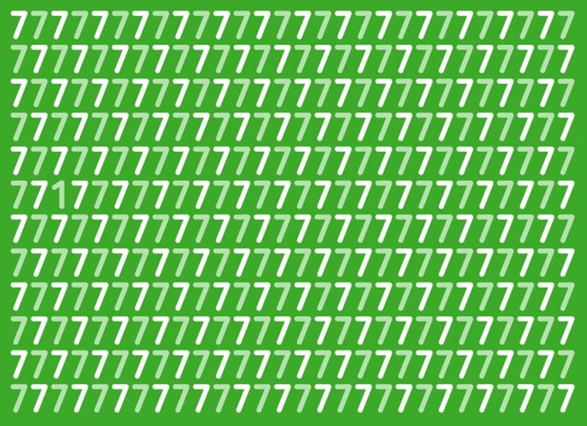 Teste de QI com vários números sete brancos em fundo verde, destacando um número diferente.