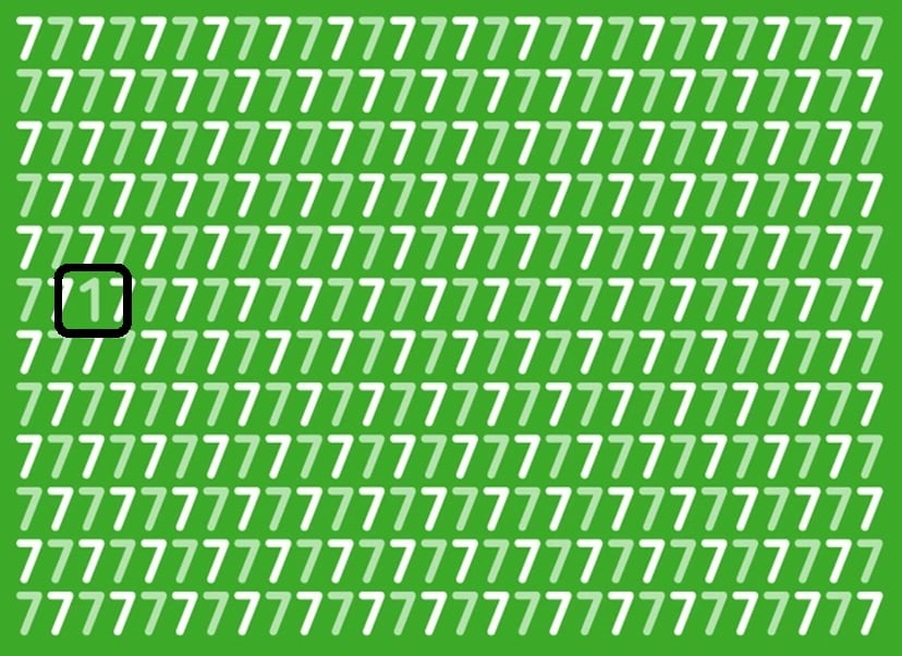 Teste de QI com vários números sete brancos em fundo verde, destacando um número diferente.