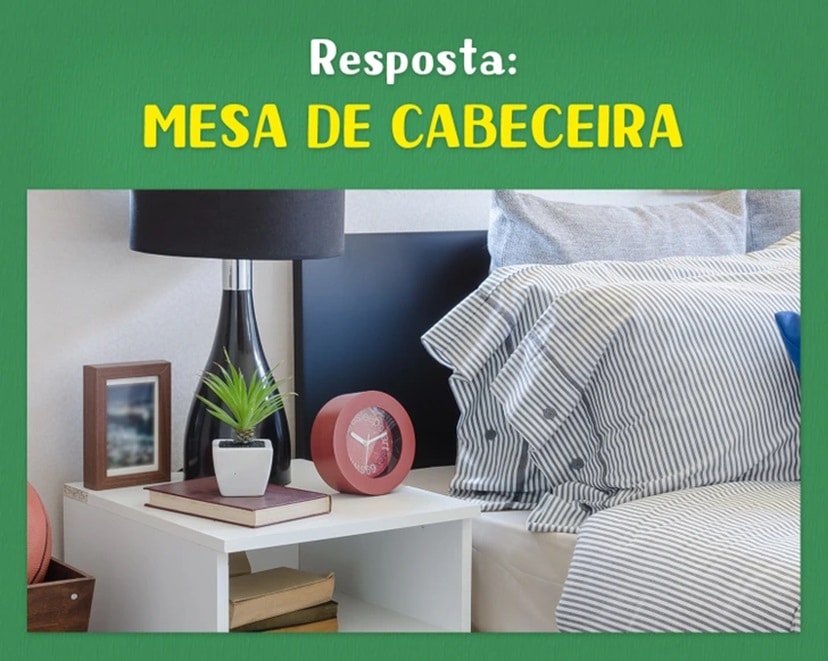 Teste visual com uma imagem para desembaralhar palavra com dicas sobre objeto ao lado da cama que começa com M