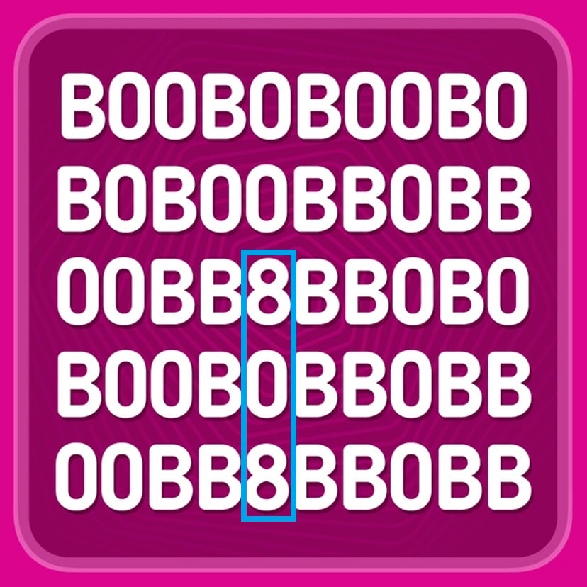 Teste visual com linhas de letras B e O, destaque para encontrar o número 808 escondido.