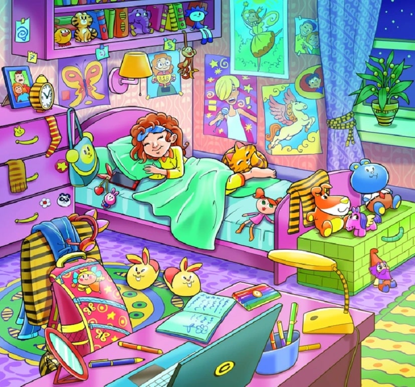 Teste visual com uma ilustração de quarto infantil alegre com brinquedos, desenhos e criança dormindo na cama