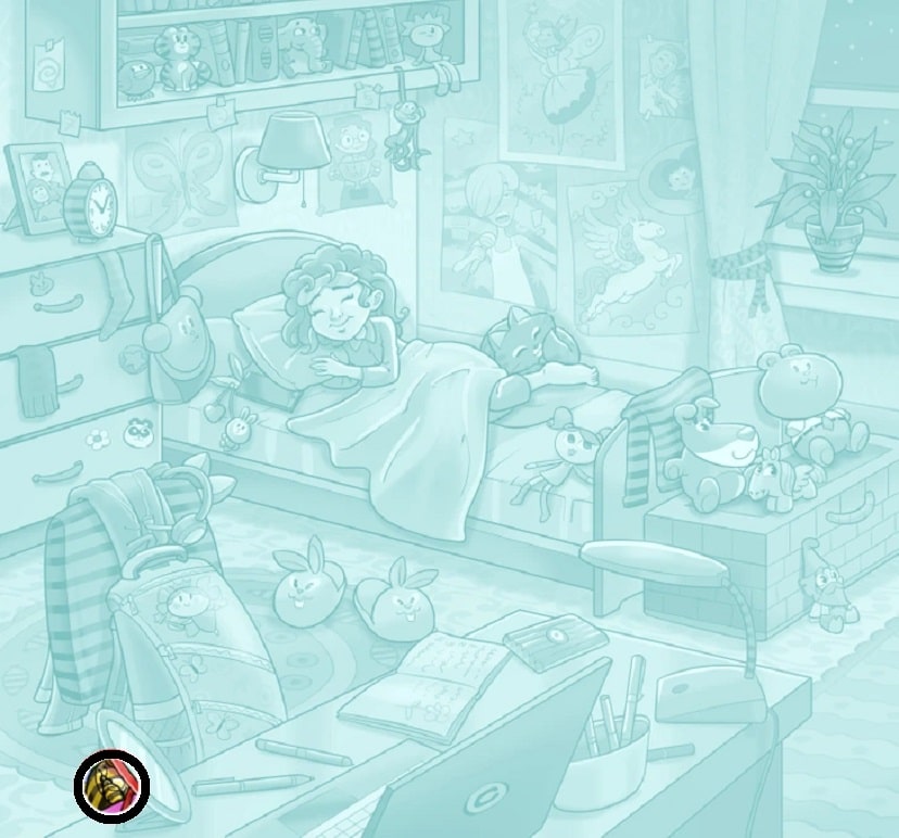 Teste visual com uma ilustração de quarto infantil alegre com brinquedos, desenhos e criança dormindo na cama