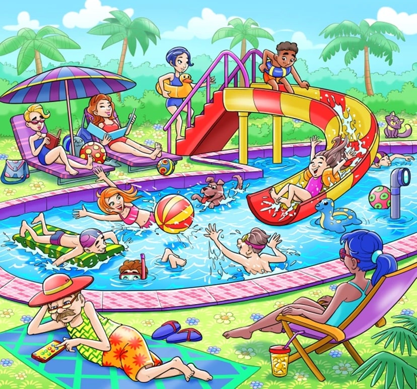 Teste visual com as pessoas de todas as idades que se divertem na piscina, com escorregador, boias e jogos sob o sol.