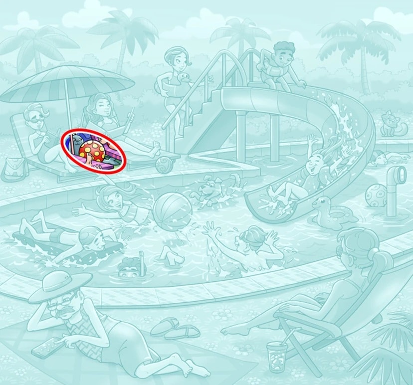 Teste visual com as pessoas de todas as idades que se divertem na piscina, com escorregador, boias e jogos sob o sol.