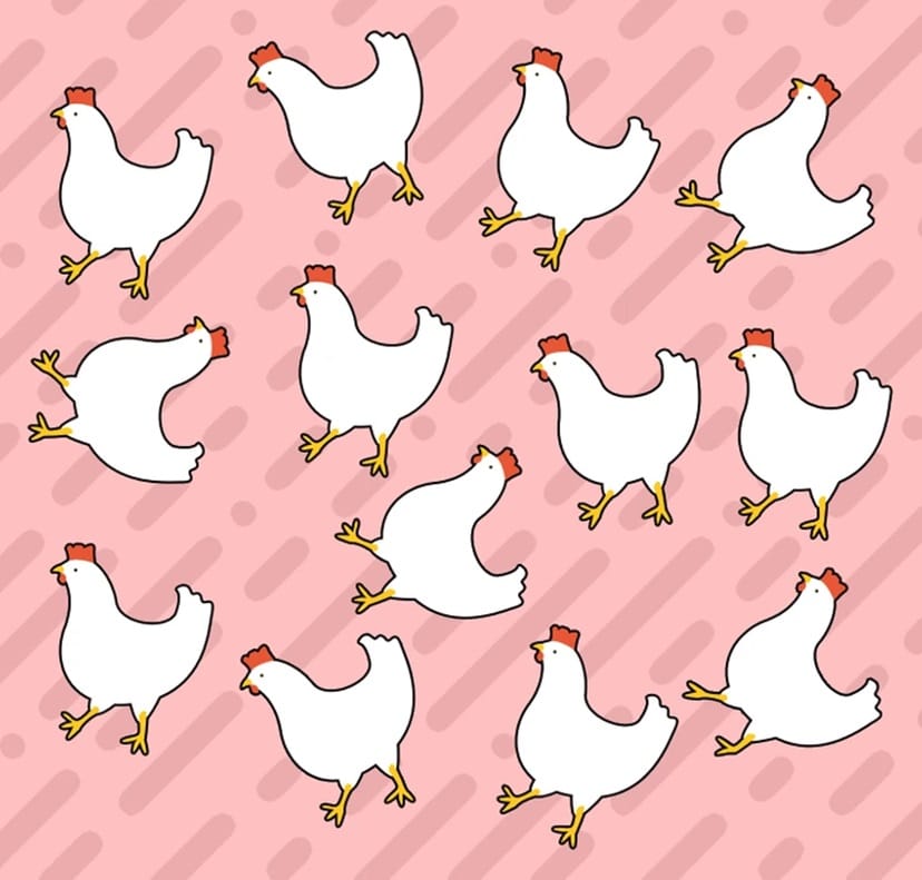 Teste visual com diversas galinhas desenhadas de forma divertida compõem um padrão original sobre fundo rosa, perfeito para usar em artes e designs criativos.