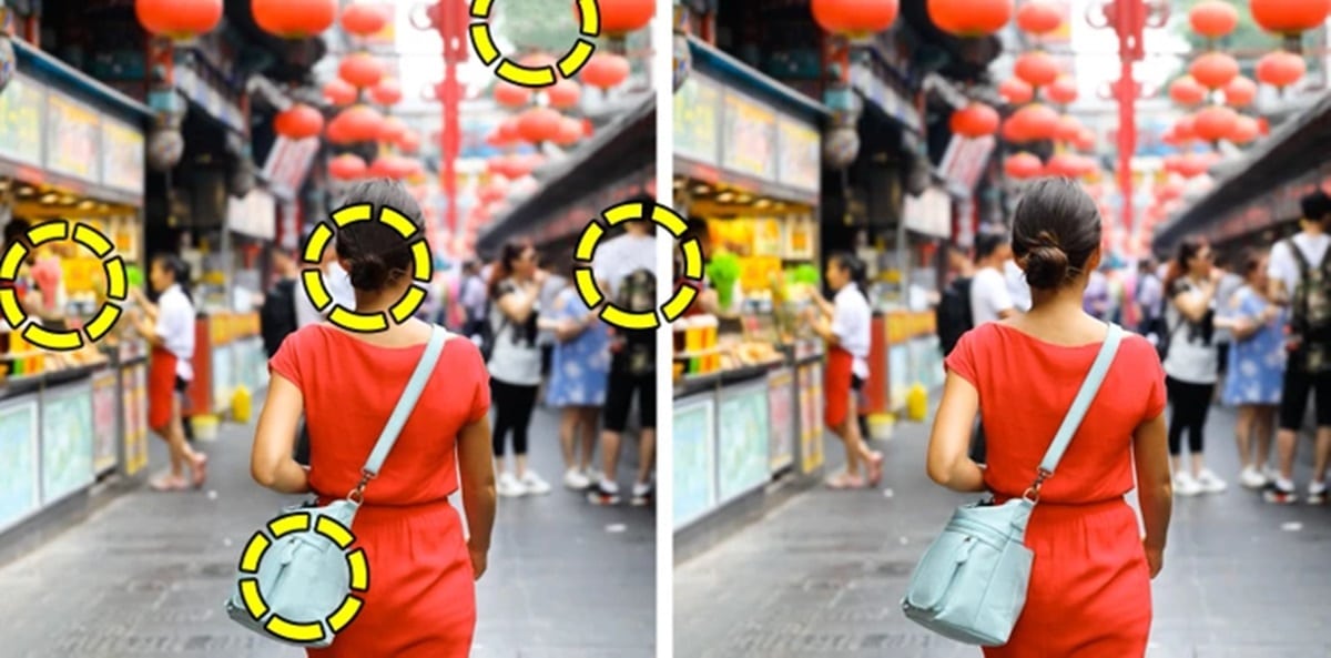 Teste visual com uma mulher de vestido vermelho e bolsa azul claro, caminhando por mercado de rua com lanternas vermelhas suspensas.