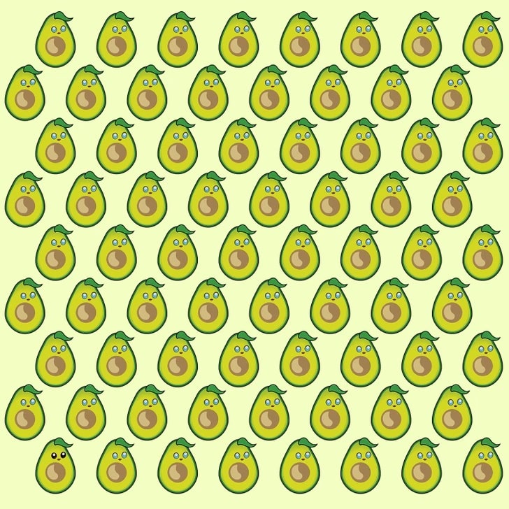 Teste visual com vários abacates e um deles com rosto diferente.