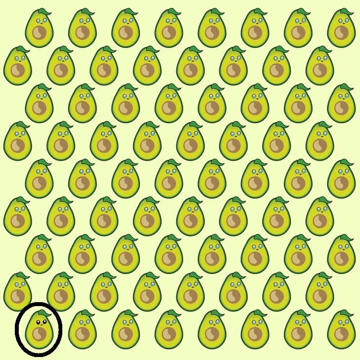 Teste visual com vários abacates e um deles com rosto diferente.