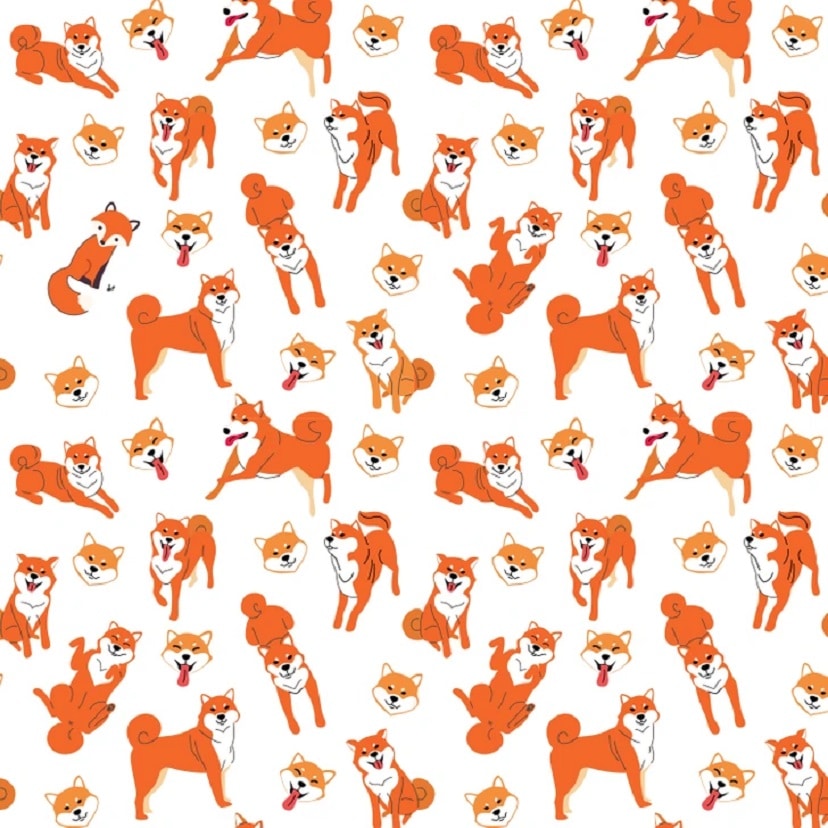 Teste visual padrão colorido com ilustrações de cães Shiba Inu em várias poses lúdicas