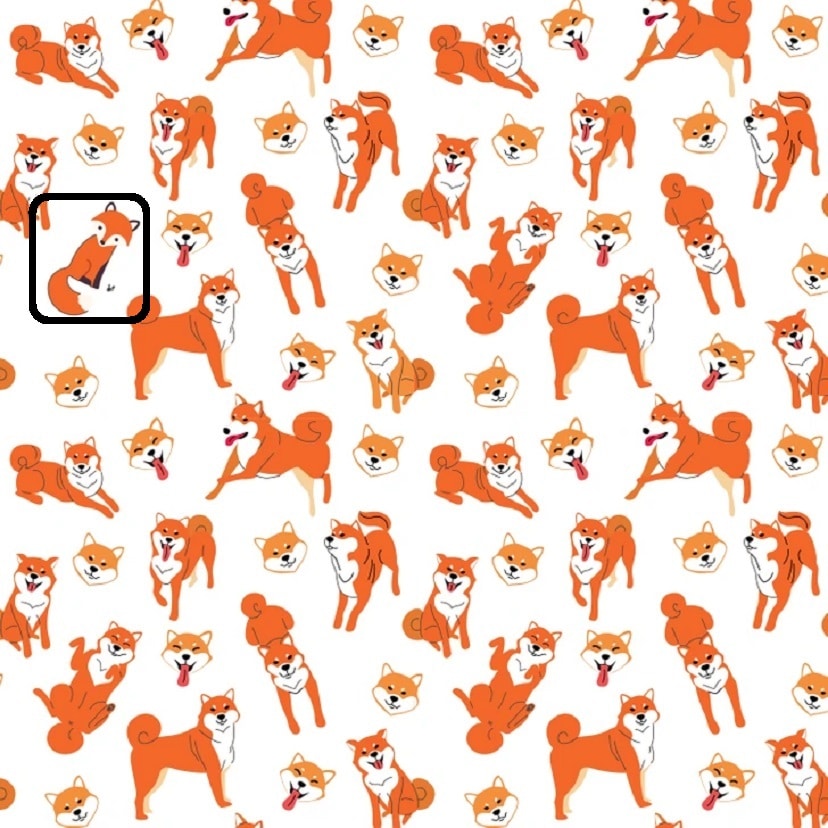 Teste visual padrão colorido com ilustrações de cães Shiba Inu em várias poses lúdicas