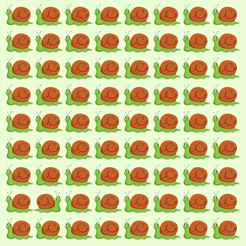 Teste visual com ilustração de vários caracóis verdes com uma única lesma diferente entre eles.