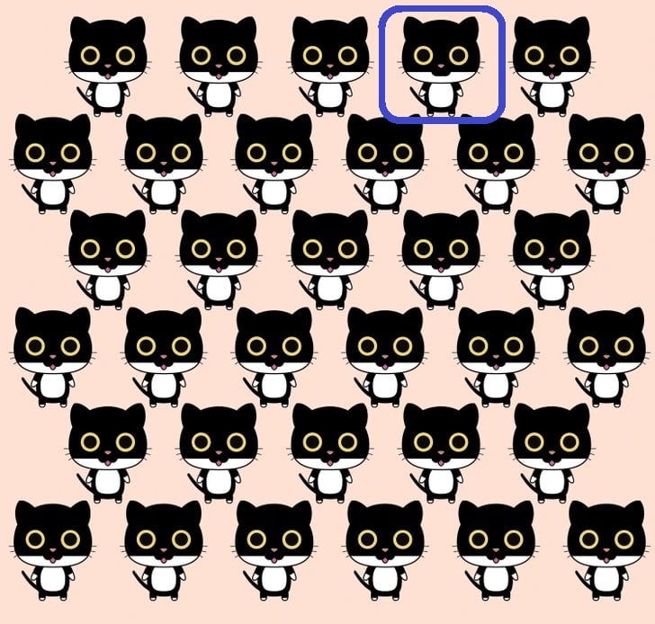Teste visual com um desenho repetido de gatos estilizados com olhos amarelos sobre fundo rosado