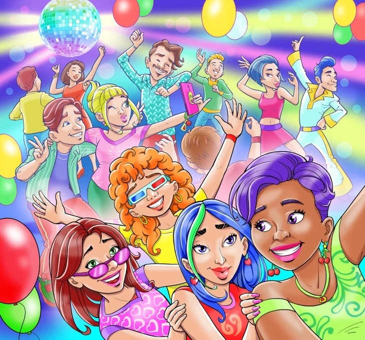 Teste visual com uma ilustração de jovens dançando em uma balada com luzes, balões e globo de discoteca.
