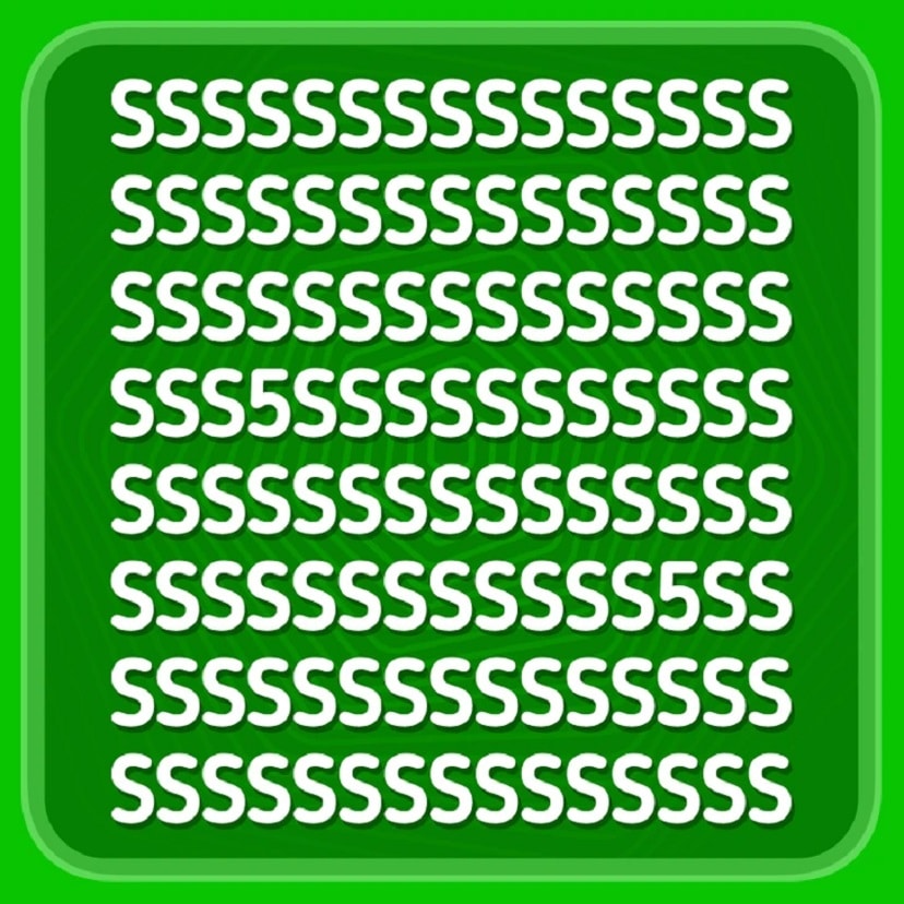 Teste visual com várias letras S brancas em fundo verde e alguns números 5 escondidos entre elas.