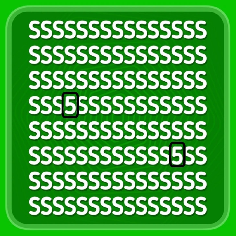 Teste visual com várias letras S brancas em fundo verde e alguns números 5 escondidos entre elas.