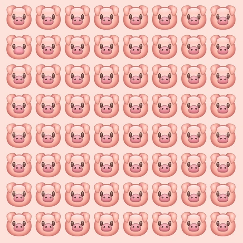 Teste visual com vários emojis de rostos de porquinhos, um deles diferente