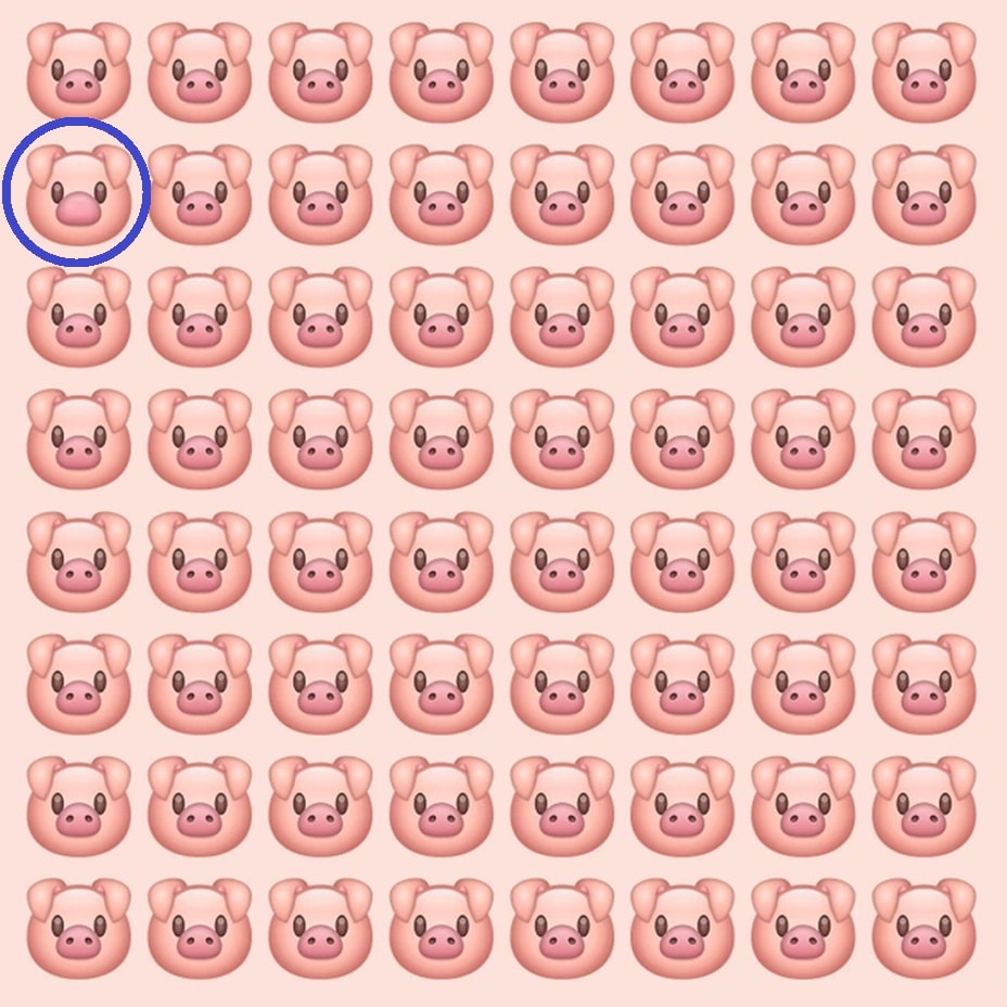 Teste visual com vários emojis de rostos de porquinhos, um deles diferente