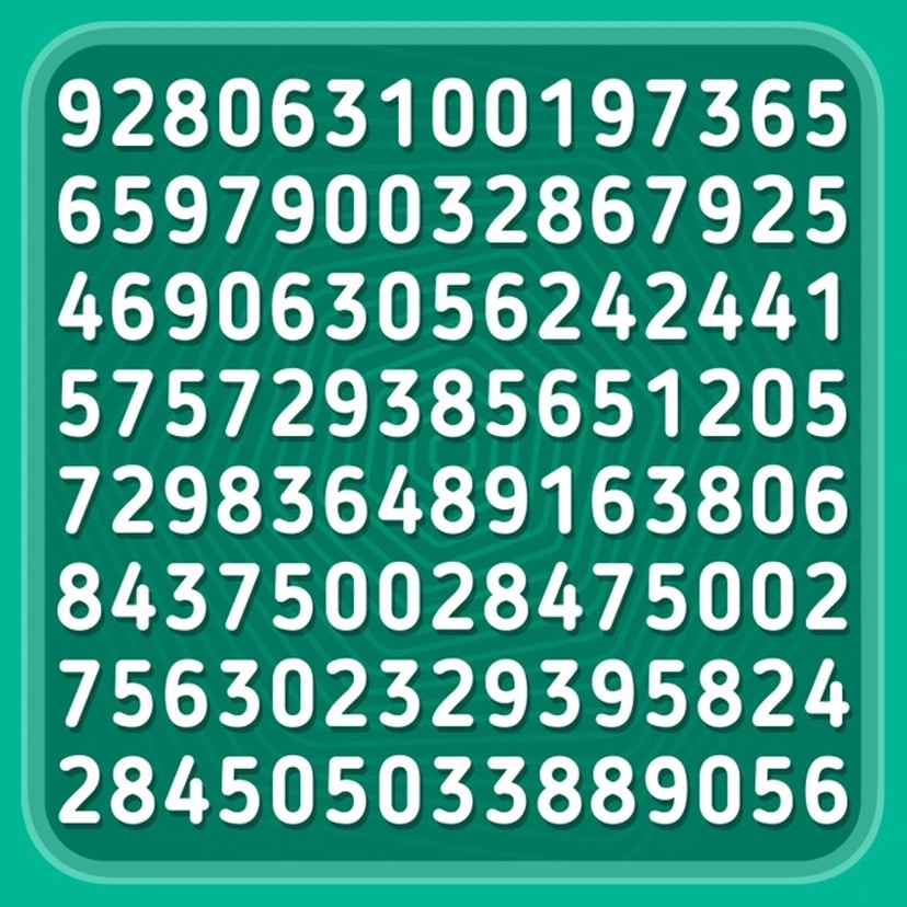 Teste visual com uma sequência de números aleatórios organizados em linhas sobre fundo verde com bordas arredondadas.