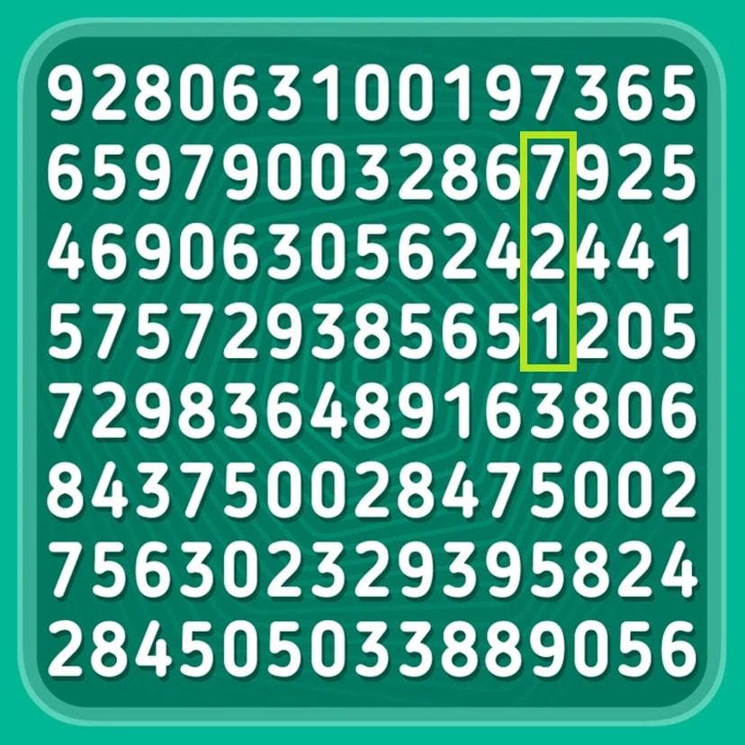 Teste visual com uma sequência de números aleatórios organizados em linhas sobre fundo verde com bordas arredondadas.