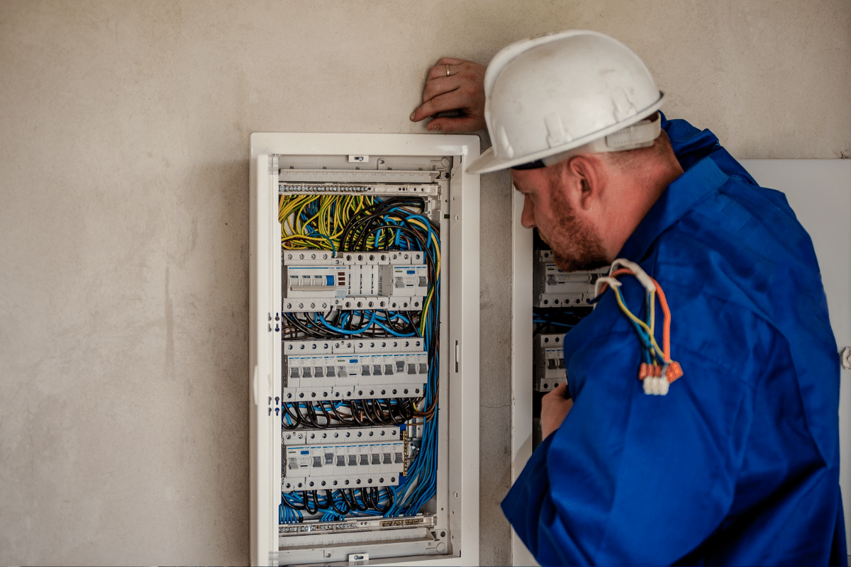 Profissional vistoriando quadro de energia com múltiplos fios e disjuntores.