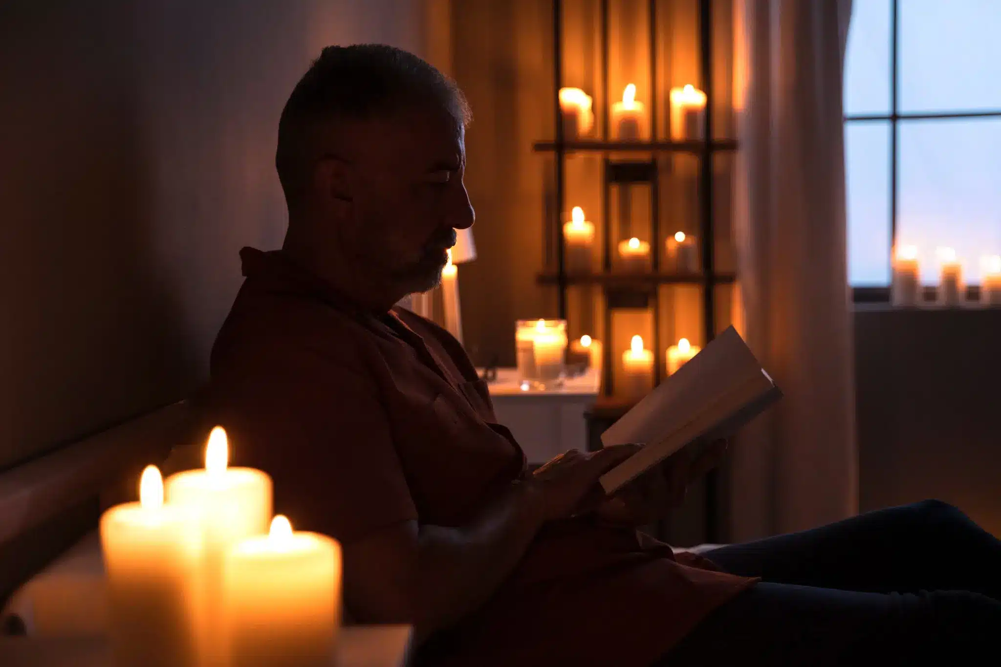 Homem lendo um livro em um ambiente tranquilo e iluminado por velas à noite, destacando a importância da leitura noturna para o aprendizado.