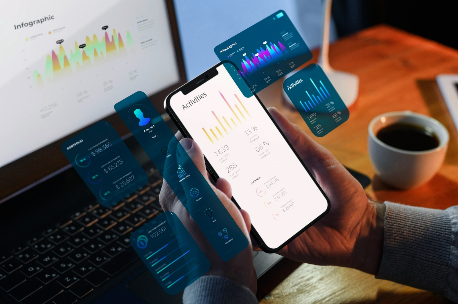 Pessoa segurando smartphone exibindo gráficos de atividades e dados financeiros, com laptop e café ao fundo.