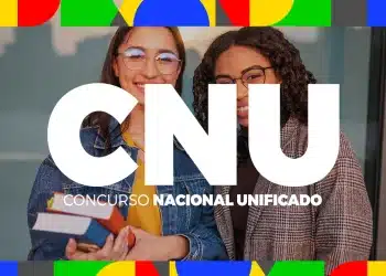 Duas estudantes sorrindo segurando livros com logo do Concurso Nacional Unificado ao centro.