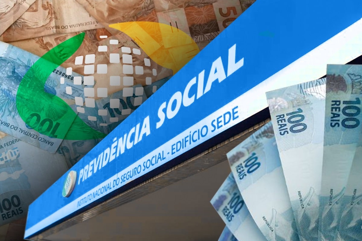 Fachada do edifício da Previdência Social com cédulas de dinheiro brasileiro ao fundo