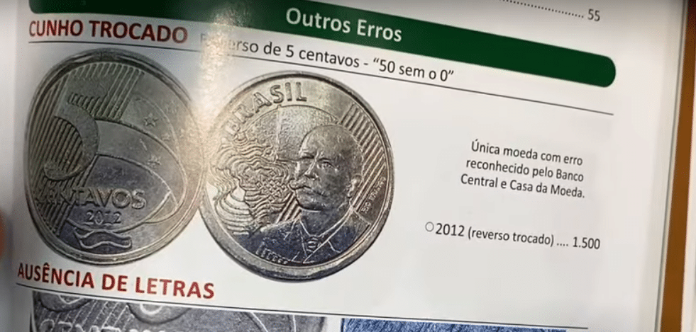 Página de catálogo de numismática mostrando a moeda de 50 centavos sem o zero, com a descrição do erro de cunhagem.