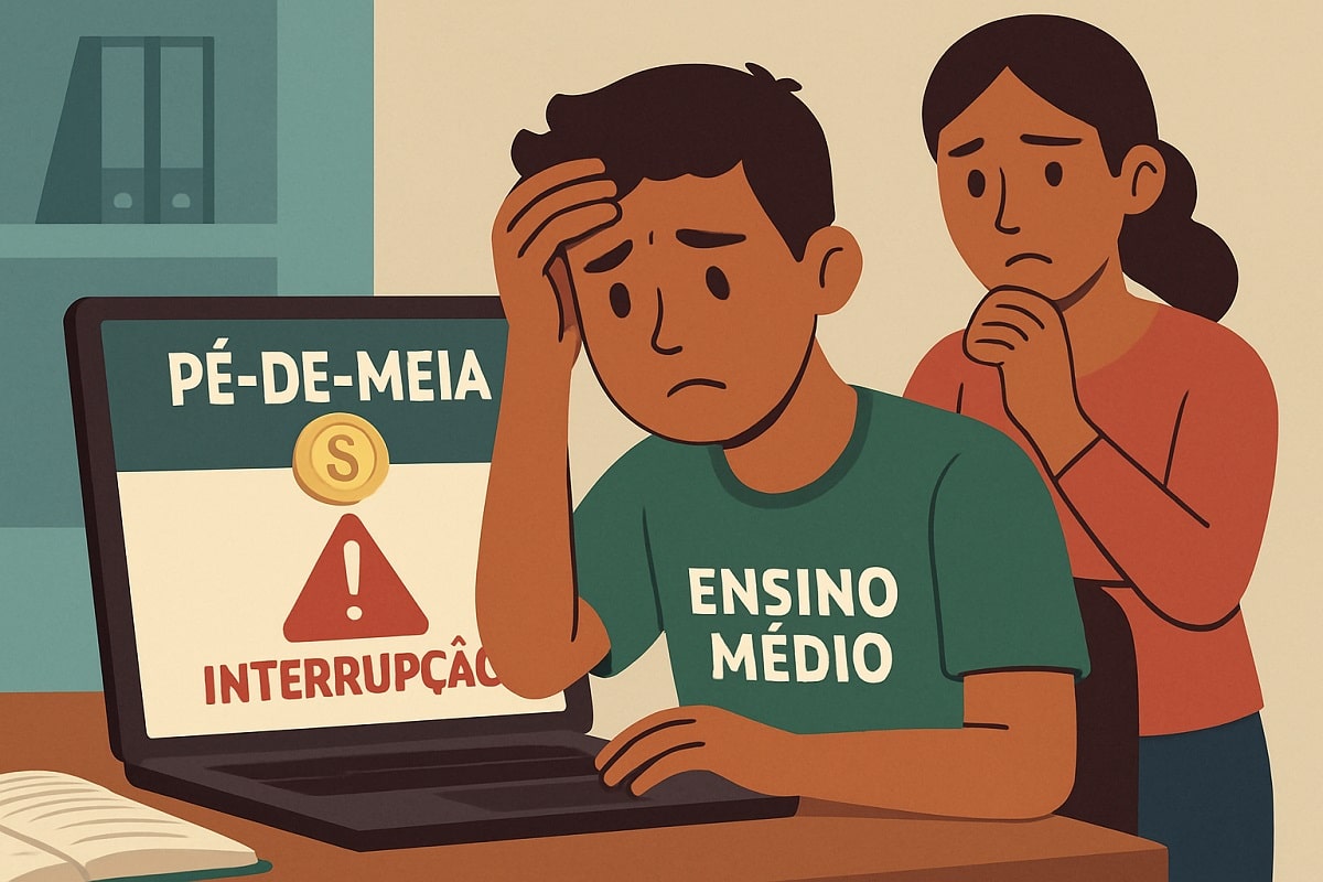 Jovem estudante preocupado diante de um computador exibindo mensagem de interrupção no Pé-de-Meia