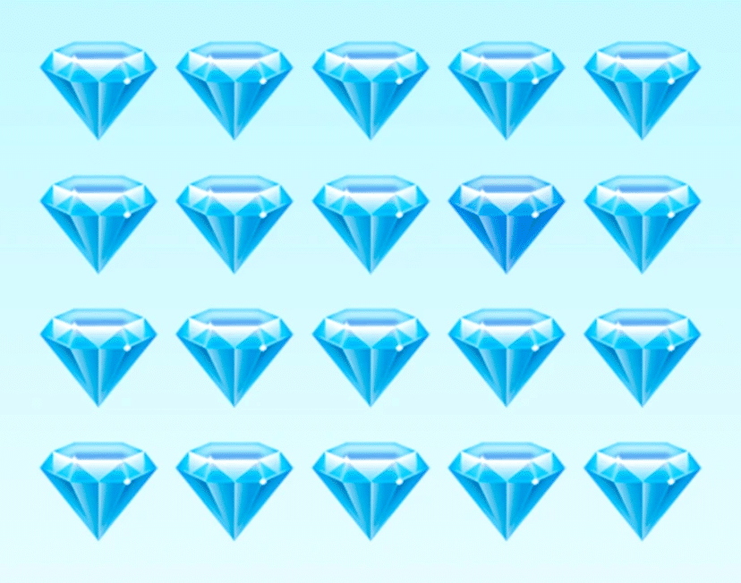 Desafio visual com várias imagens de diamantes azuis dispostas em linhas e colunas sobre fundo azul claro