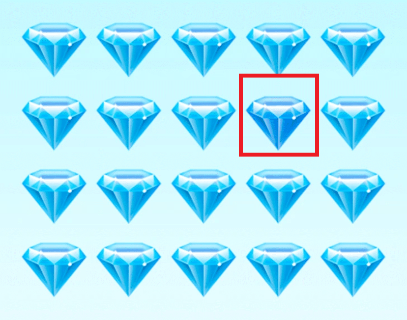 Desafio visual com várias imagens de diamantes azuis dispostas em linhas e colunas sobre fundo azul claro