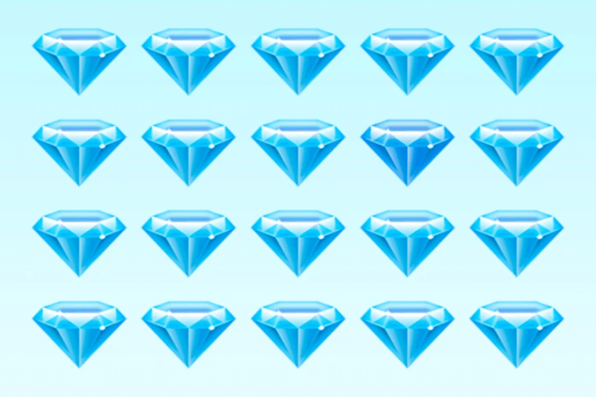 Desafio visual com várias imagens de diamantes azuis dispostas em linhas e colunas sobre fundo azul claro