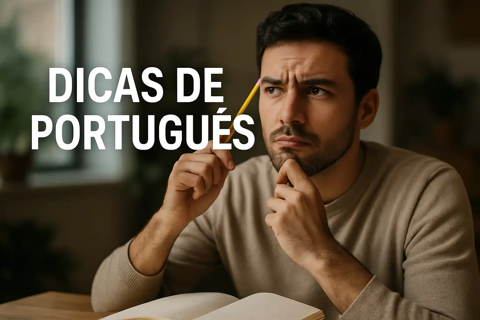 Homem pensativo segurando um lápis ao lado da cabeça com o texto 'Dicas de Português'