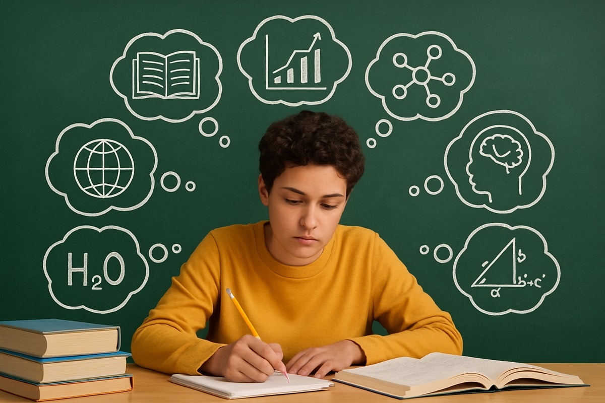 Estudante escrevendo em caderno com símbolos educativos desenhados em quadro verde ao fundo