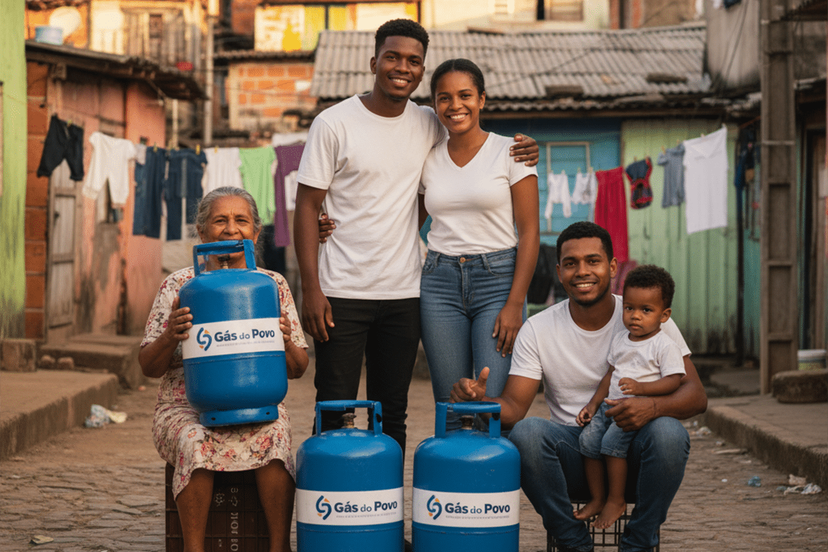 Família multigeracional reunida em comunidade exibindo três botijões azuis do programa Gás do Povo com varais e casas coloridas ao fundo