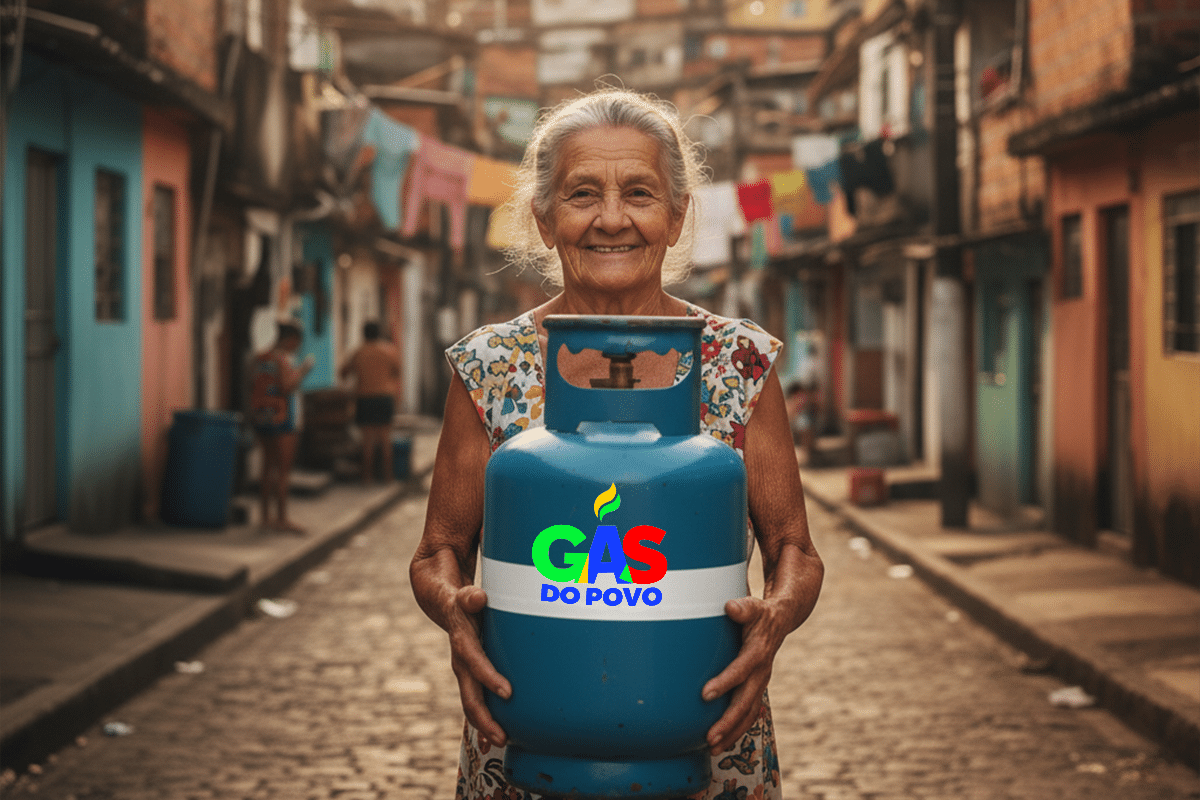 Idosa brasileira sorrindo com botijão de gás identificado Gás do Povo em rua pavimentada de comunidade com moradias coloridas