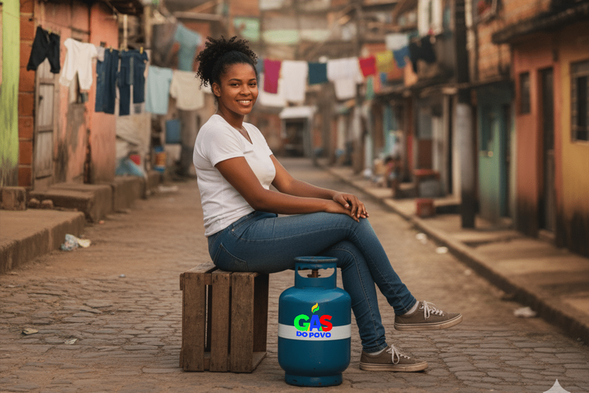Jovem sorridente sentada ao lado de um botijão do 'Gás do Povo' em uma comunidade, representando os beneficiários do programa.