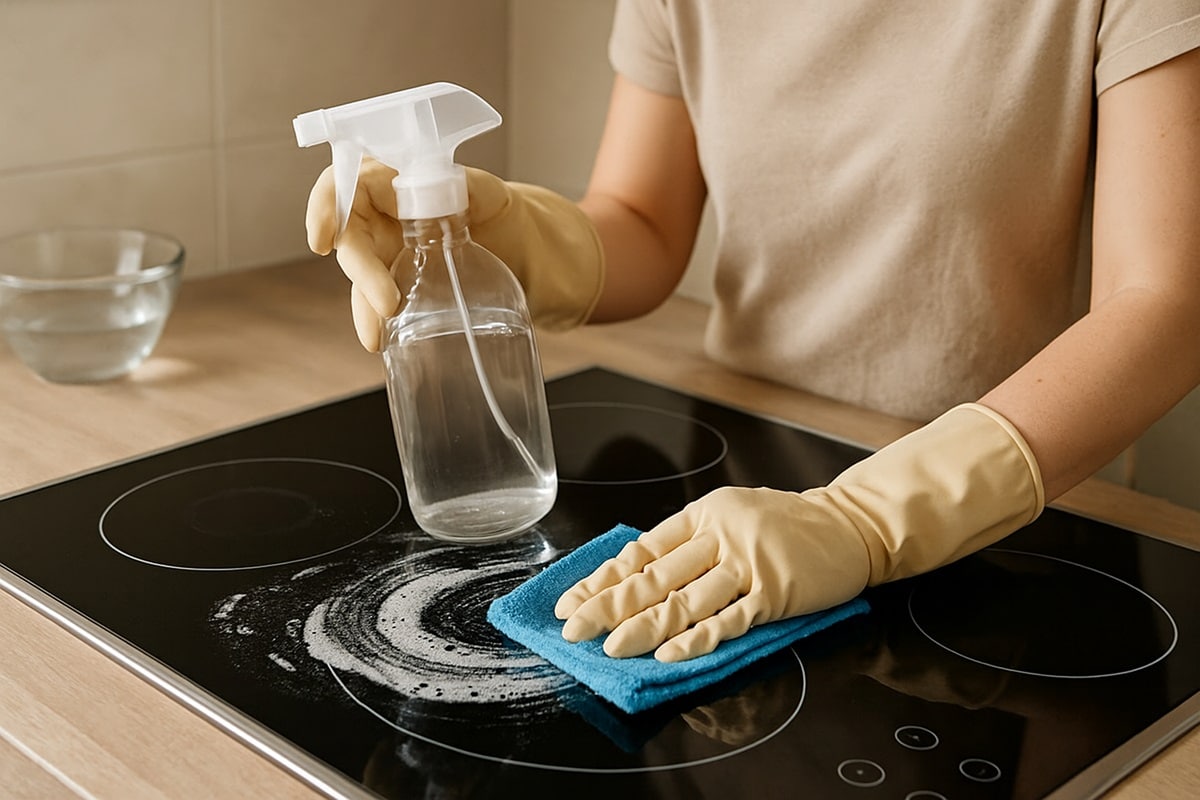 Pessoa limpando cooktop com vinagre e pano azul, usando luvas de borracha amarelas.