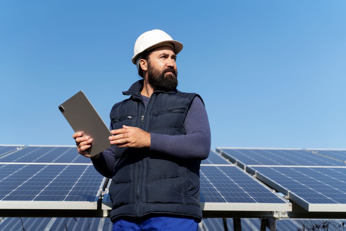 Técnico em energia solar com capacete e tablet, inspecionando painéis solares em um projeto. Representa a alta demanda e os salários elevados da profissão