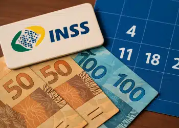 Notas de dinheiro, logo do INSS e calendário.